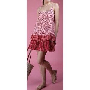 Cara Cara Tory Mini Dress Pink/White Spanish Tile Tiered Ruffle 100% Cotton S